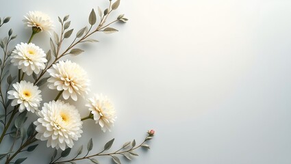 Elegant silver background with white chrysanthemums Sympathy card or formal events banner