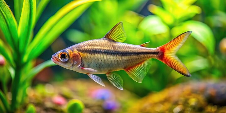 Aquarium tank with select focus on fry of barb fish Pethia Conchonius and plants, shallow depth of field, long shot