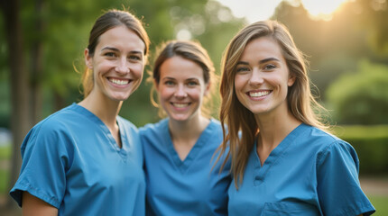 Smiling Medical Professionals in Scrubs Posing in Hospital and Outdoor Settings – Group and Individual Healthcare Workers Photo