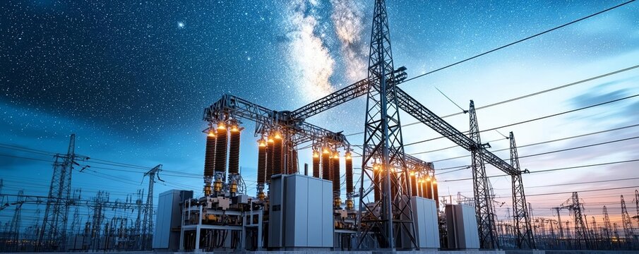 Power substation with detailed switchgear and transmission transformers under a starry twilight sky, showcasing the fusion of energy infrastructure and nature