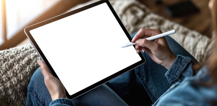 A woman is sitting on a couch with a tablet in her hand. She is using a stylus to write on the tablet. The tablet is blank, and the woman is focused on her task. Mockup