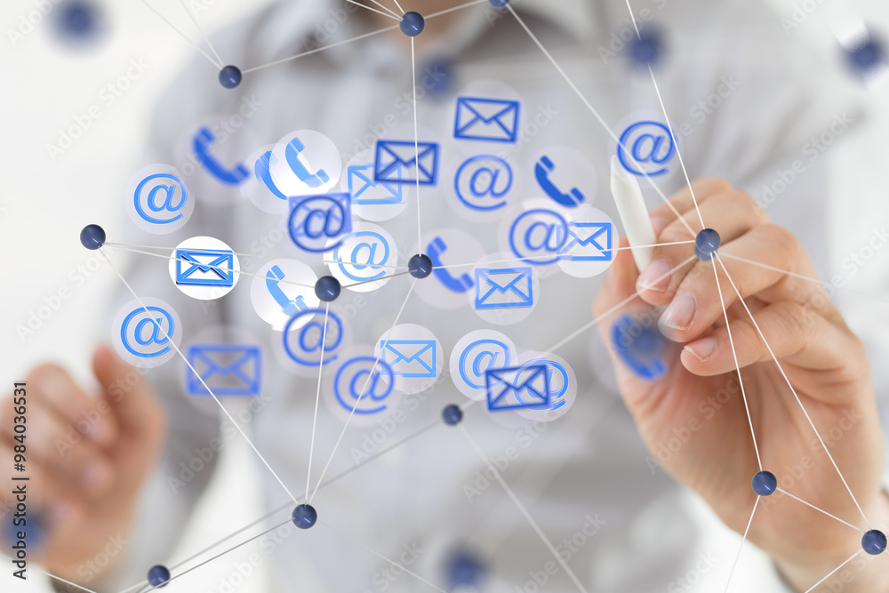 Poster touching 3d rendering flying email icon with his fin