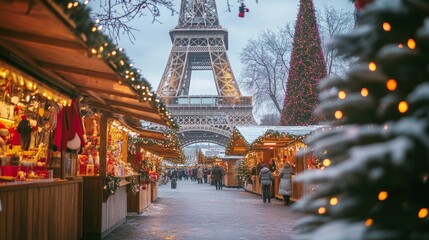 Christmas market in Paris near the Eiffel Tower, decorated stalls with lights and ornaments, festive holiday atmosphere in the streets filled with people shopping for gifts