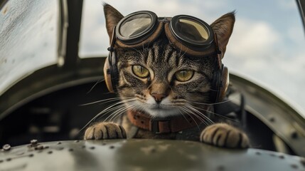 cat in World War II bomber cockpit wearing pilot helmet and goggles, ready for battle, surrounded by dials and metal panels, detailed interior shot