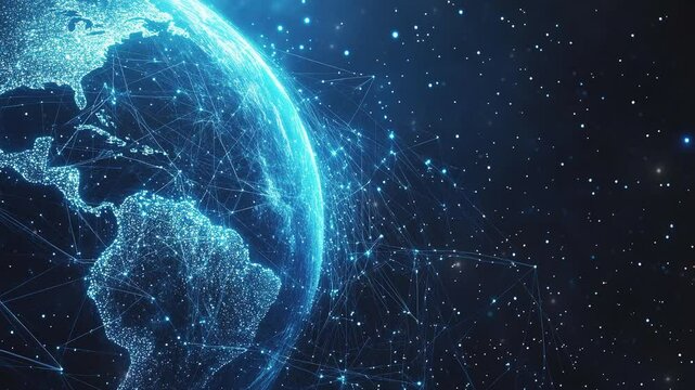Abstract tech background with global network and digital connection. Digital data globe. Global network. Global internet business. Futuristic digital world. Symbolizing global connectivity. Copy space