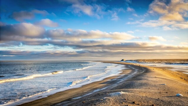 Arctic Ocean beachfront in Tuktoyaktuk with distant pingo