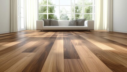 Obraz premium Newly Sanded Wooden Floor in an Empty Living Room with Large Windows and Gray Sofa