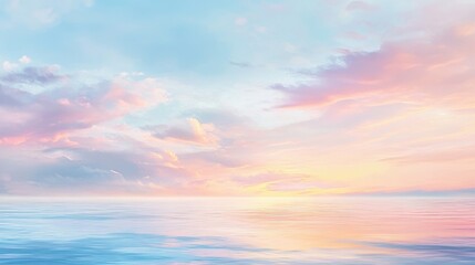 Fototapeta premium A beautiful ocean scene with a pink and blue sky. The sky is filled with clouds and the sun is setting. The water is calm and the horizon is visible