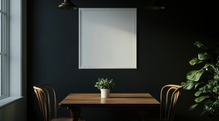 A black and white room with a white framed picture on the wall. The picture is empty and the room is dimly lit. There is a table with two chairs and a potted plant in front of it. Mockup