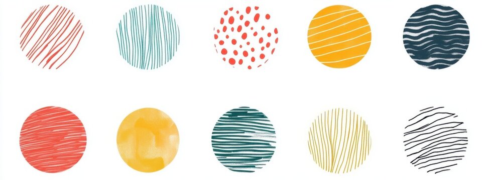 A series of colorful circles with lines and dots on them. The circles are arranged in a grid, with some overlapping and others not. Scene is playful and whimsical, with the circles