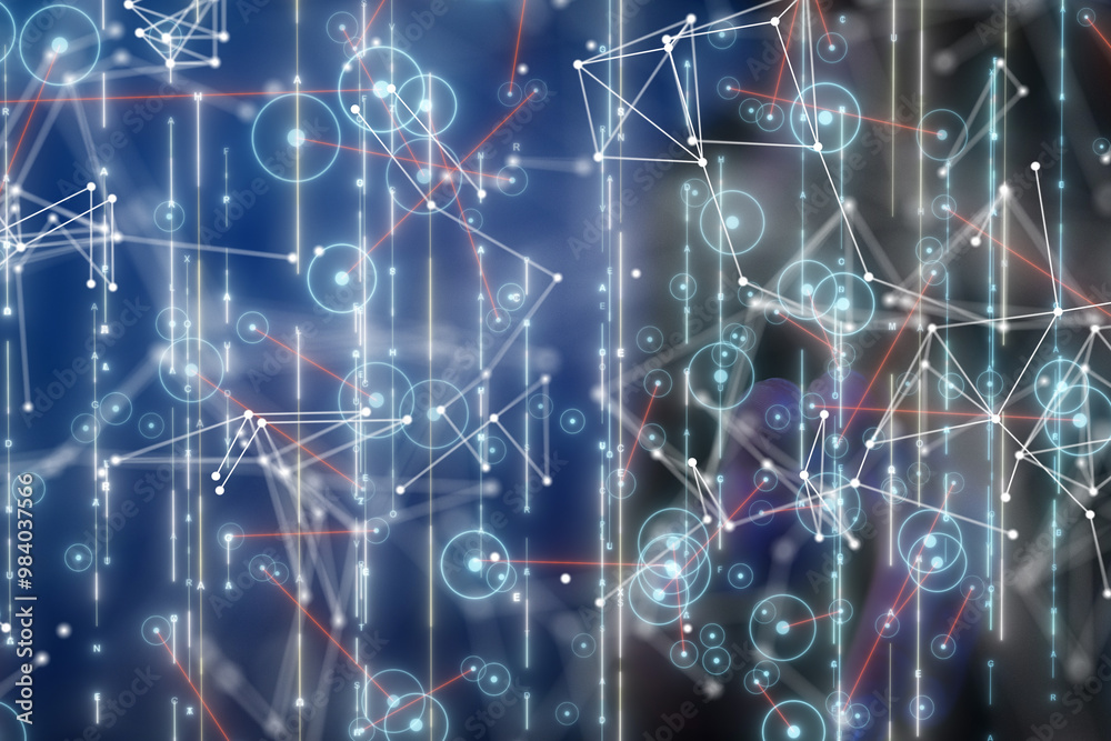 Poster Neural network 3D illustration. Big data and cybersecurity