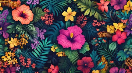 A colorful tropical flower garden with a variety of flowers including hibiscus. The flowers are in full bloom and the colors are vibrant. The image has a lively and cheerful mood