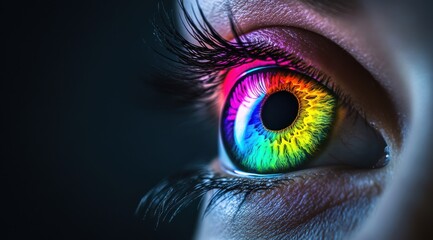 A colorful eye with a rainbow colored iris. The eye is surrounded by a black background. The eye is the main focus of the image, and the rainbow colors make it stand out