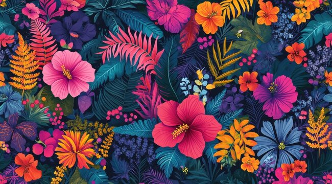 A colorful floral pattern with a tropical vibe. The flowers are bright and vibrant, with a mix of pink, orange, and yellow hues. The leaves are also colorful