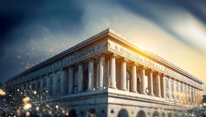 Fototapeta premium A majestic building with classical architecture, illuminated by a warm glow, set against a dramatic sky, showcasing its grandeur and historical significance.