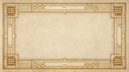Art deco border frame on rich pale tea stained paper with a white rectangle reflected on the center