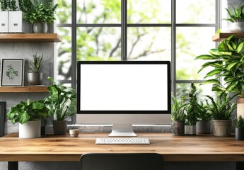 A computer monitor sits on a desk in front of a window with potted plants. The desk is cluttered with various items, including a keyboard, mouse, and a vase. Concept of productivity and creativity