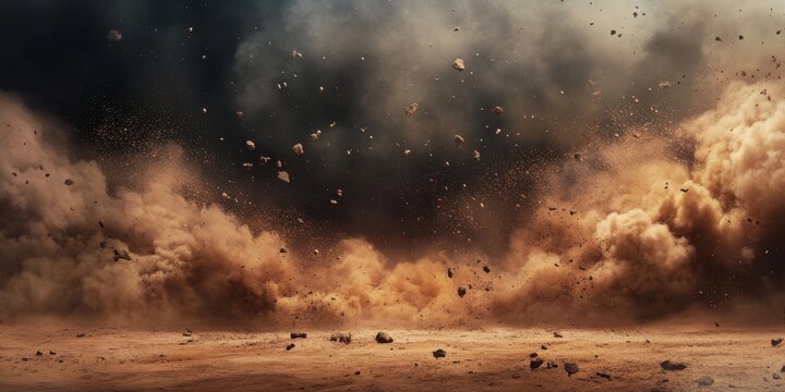 A large cloud of dust and debris is blowing through a desert. The scene is chaotic and disordered, with rocks and dirt flying everywhere. Scene is one of destruction and turmoil