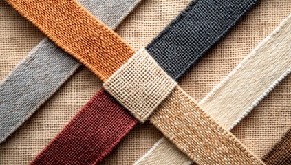 Close up of woven fabric ribbons in various colors and textures