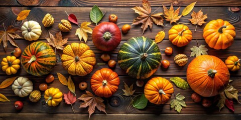 Autumn Flat Lay A Rustic Wooden Surface Showcasing Vibrant Pumpkins and Gourds in a Semi-Circular Composition, Surrounded by Colorful Fall Leaves in Warm Hues