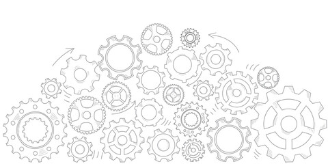 Hand drawn gear cogwheel arch. Doodle sketch style color gear mechanism. Concept of business idea, teamwork, progress background. Doodle cog