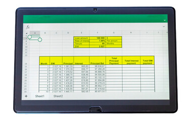 Shot of an excel sheet on tablet screen showing bank loan amortization table on the transparent...