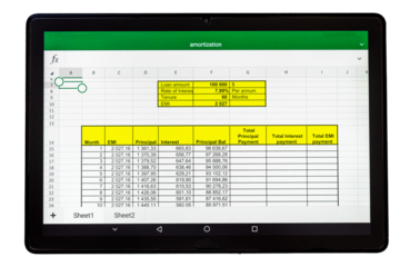 Shot of an excel sheet on tablet screen showing bank loan amortization table on the transparent background