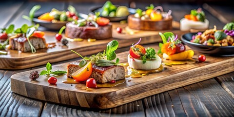 Close-Up Composition of Delectable Appetizers on Wooden Cutting Board, Featuring Roasted Meats, Cheeses, and Fresh Herbs, Set Against a Rustic Wooden Table for Inviting Culinary