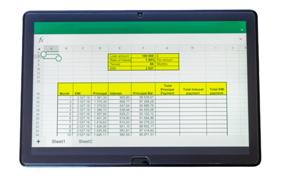 Shot of an excel sheet on tablet screen showing bank loan amortization table on the transparent background