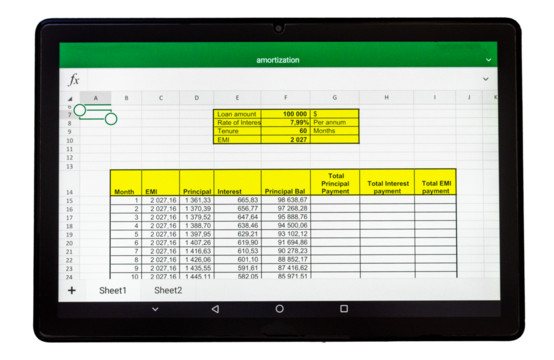 Shot of an excel sheet on tablet screen showing bank loan amortization table on the transparent background