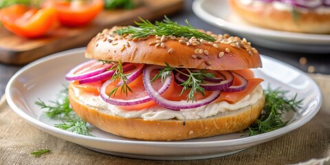 Close-Up of a Delicious Bagel Sandwich with Cream Cheese, Smoked Salmon, and Fresh Dill on a White Plate Surrounded by Sprigs of Dill, Highlighting Vibrant Colors and Inviting