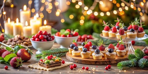 Close-up of a festive holiday table a well-balanced arrangement of bite-sized desserts with vibrant berries on a rustic wooden tray, surrounded by warm candlelight and twinkling