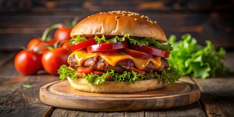 Close-Up of a Juicy Hamburger on a Rustic Wooden Cutting Board, Featuring a Toasted Sesame Seed Bun, Melting Cheese, Crisp Lettuce, and Red Tomatoes Against Inviting Warm