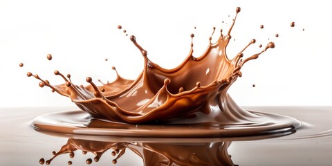 Fototapeta premium Close-Up of a Rich Chocolate Milk Splash Crown-Shaped Liquid Explosion on White Background, Capturing Dynamic Energy and Whimsical Tendrils in a Strikingly Delicious Moment