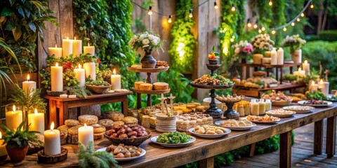 Fototapeta premium Close-up of a rustic wooden table beautifully set for a special occasion, adorned with delicious food, candles, and greenery, framed by twinkling string lights creating a warm,