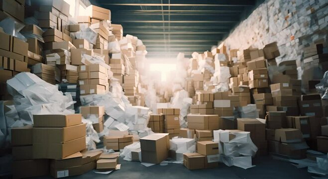 A chaotic warehouse filled with stacks of blue boxes and crumpled packing paper