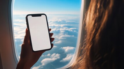 Woman Hands using using smartphone,hand holding smart cell phone with blank white screen on board of airplane near window seat,Mockup of a hand holding mobile phone,Business,travel,work concept.