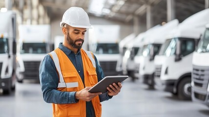 Worker using a tablet to manage a fleet of delivery trucks, automation and its impact on logistics marketing