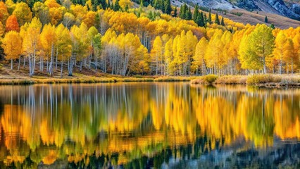 Fototapeta premium Aspen groves on Sierra Nevada mountain in early October reflected in lake