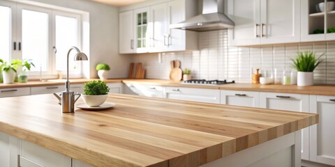 Fototapeta premium Close-Up of Light-Colored Wooden Kitchen Island Countertop with Natural Grain, Set Against Blurred White Kitchen and Stainless Steel Range Hood, Evoking Modern Minimalist Design