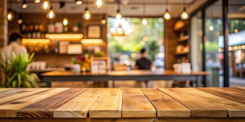 Close-Up of Rustic Light Brown Wooden Table Surface with Prominent Grain and Blurred Cafe Background, Warm Bokeh Lighting, Inviting Atmosphere, Ideal for Food Photography and Cozy