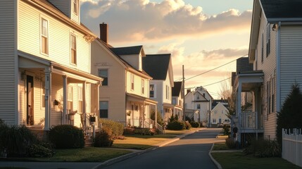 A quiet street in a small town, all houses with off-white exteriors, bathed in the warm light of a setting sun