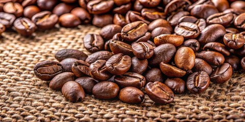 Fototapeta premium Close-Up of Roasted Coffee Beans on Coarse Woven Fabric A Tactile Study of Earthy Browns, Emphasizing Texture and Detail with Shallow Depth of Field and Natural Abundance