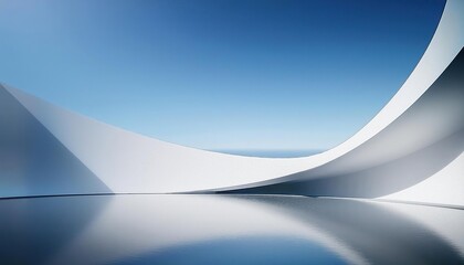 modern architectural scene with a simple curved wall on the right side of an empty space, creating sharp lines and geometric shapes in white against a blue sky background. The focus is on 