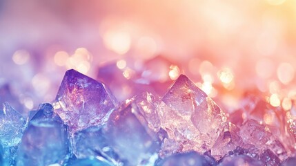 Fototapeta premium A close up of ice cubes with a purple hue. The ice cubes are arranged in a way that creates a sense of depth and texture. Scene is cool and calming, as the ice cubes seem to be frozen in time