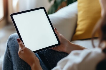 A woman is holding a tablet in her hand while sitting on a couch. The tablet is blank, and the woman is focused on it. Concept of solitude and contemplation. Mockup, empty space for logo or text