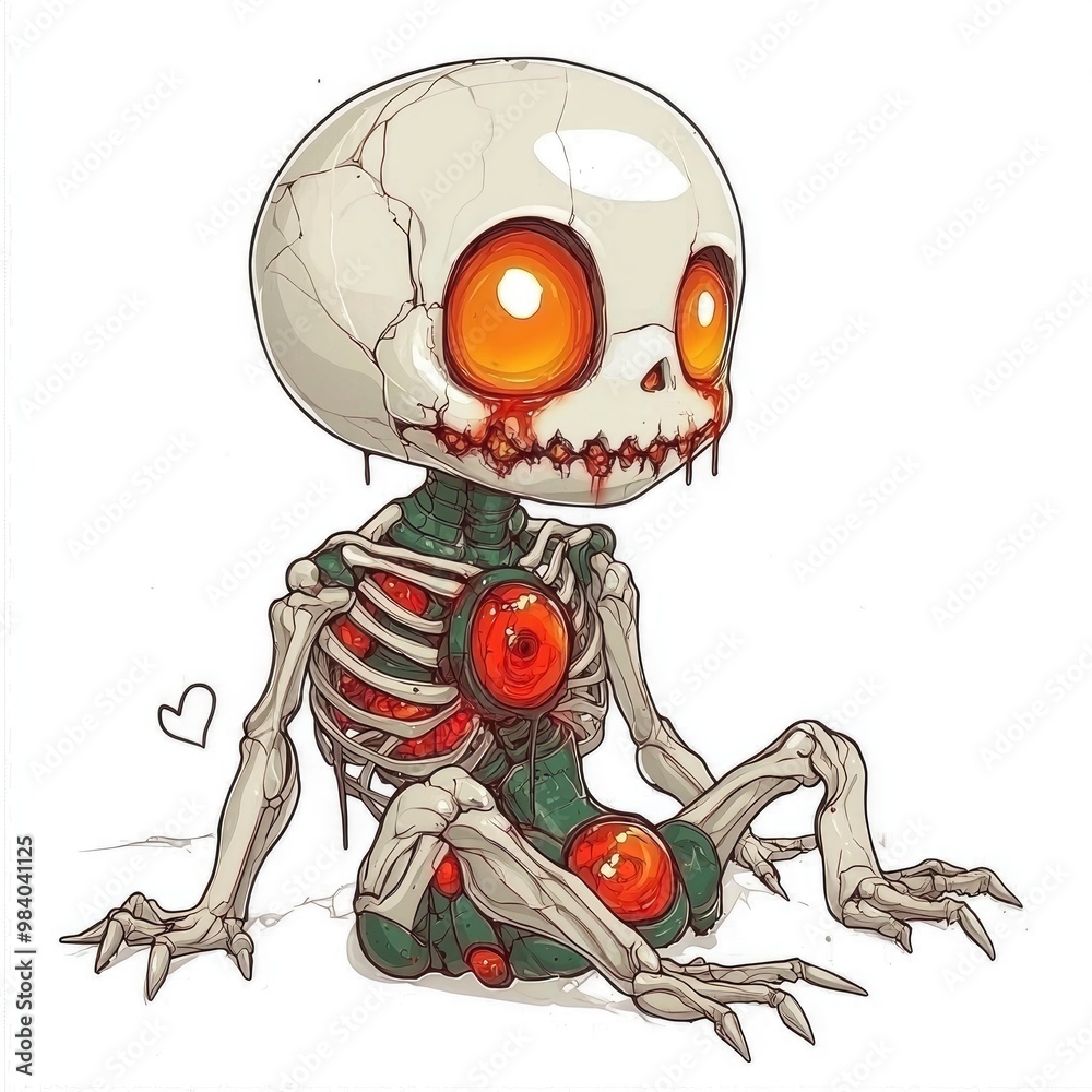 Poster cartoon skeleton with glowing eyes and bloody smile