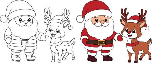 Santa and Reindeer Cartoon Outline Coloring Page. Christmas and Winter Illustration
