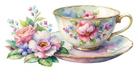 Delicate Asymmetrical Watercolor of a Beige Teacup and Saucer with Floral Motif, Accompanied by a Bouquet of Pink Roses and Blue Flowers on a White Background for a Cozy Afternoon
