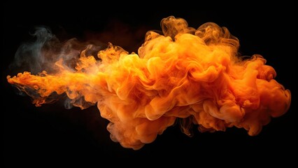 Asymmetrical abstract orange smoke cloud on isolated black background
